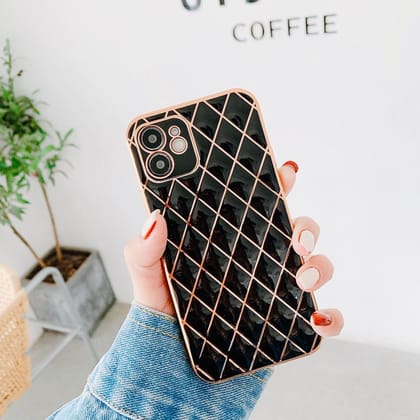 Glossy Black Grid Gold Electroplated Luxury Cover-iPhone 12 Pro