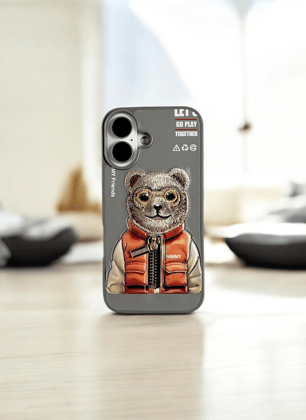 Nimmy Grey Bear Embroidery Case for iPhone 16 Plus