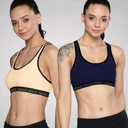 Women Non Padded Combo Sports Bra-30 / Navy Peach