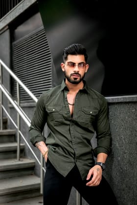 MEN'S DOUBLE POCKET OLIVE GREEN SHIRT-M 38