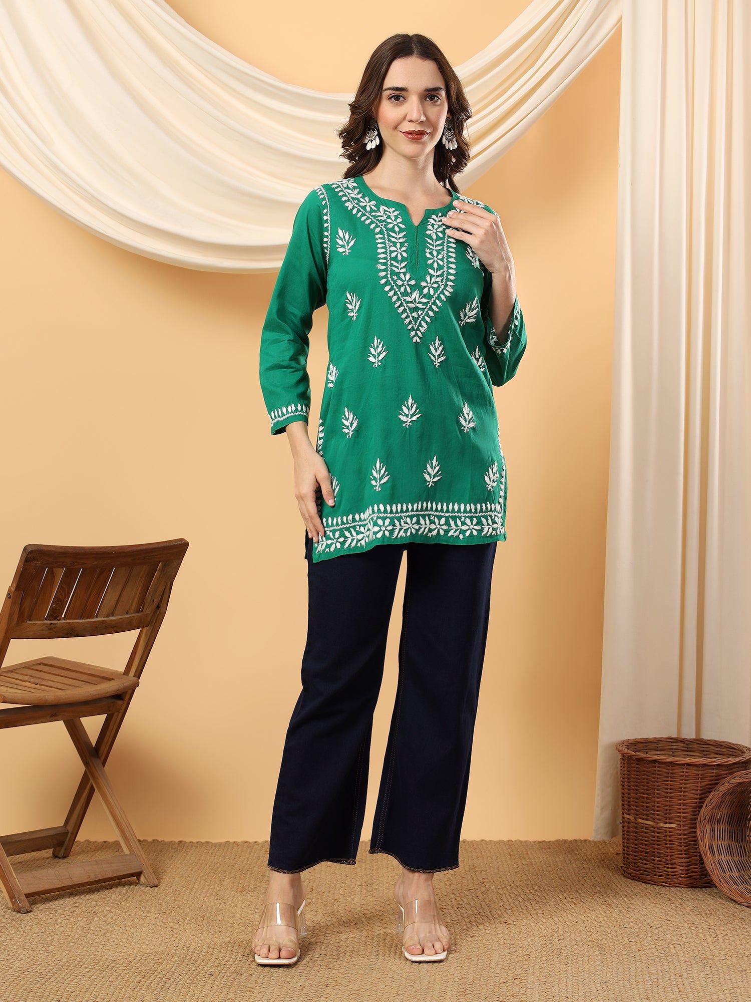 Maahi Chikankari Short Cotton Kurti-Dark Green / XL
