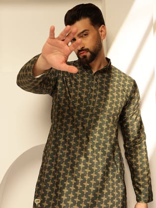 Men's Cotton Daman Print Green Long Kurta with Krochet Embroidery-36