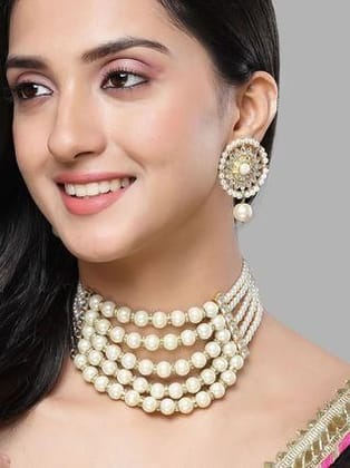 Pearl Multilayer Beaded Kundan Choker Necklace Set for Women-Free Size