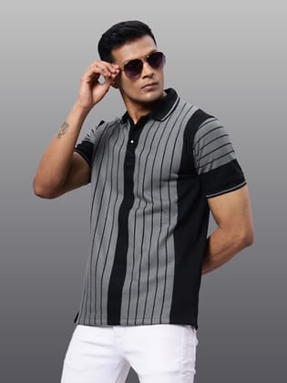 Mens Steel Grey Striped Polo Collar  T-shirt-M
