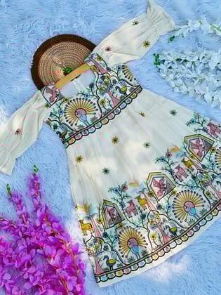 Scarlet Awesome Embroidery Work On Khadi Cotton Fabric Kids Frock-Beige / 0-3 Month