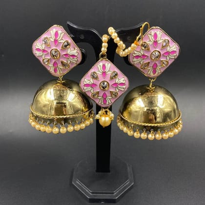 Very Beautifull Pink Meenakari Maangtikka And Earring Set by Zevar.