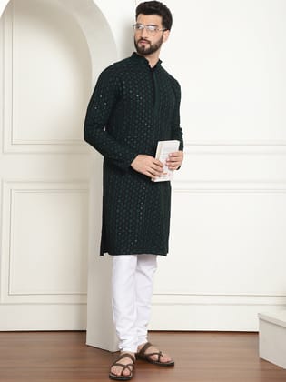 Men's Cotton Gold Embroidered Sequinned Green Kurta With white churidar Pyjama-36