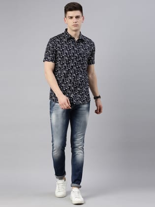 Navy Blue Printed Short Sleeves Shirt-38