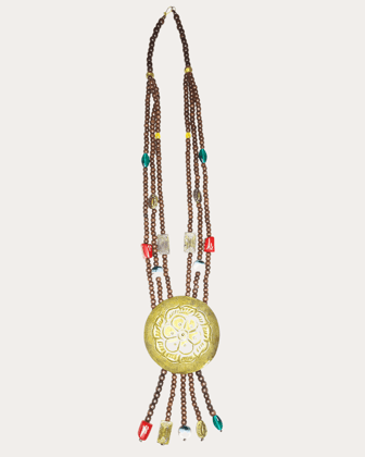 Long Wooden Beads Medallion Necklace With Big Brass Alloy Pendent For Women