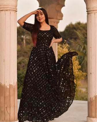 Breathtaking Black Coloured Partywear Embrodeiry Georgette Gown-XS