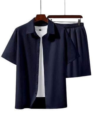 "Oceanic Elegance: Dark Blue Plain Men's Co-ord Set by Glamastitch"-S