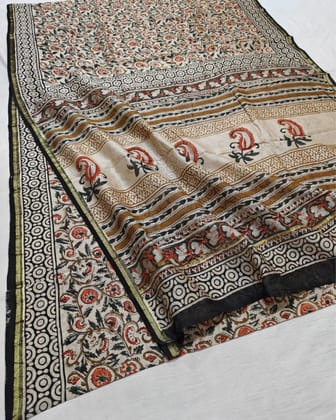Whispering Petals Kalamkari Chanderi Silk Smooth Beige Saree