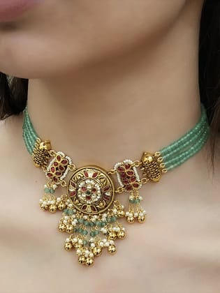 Four jade strings circular paachi kundan tukdi set with side ruby tukdies
