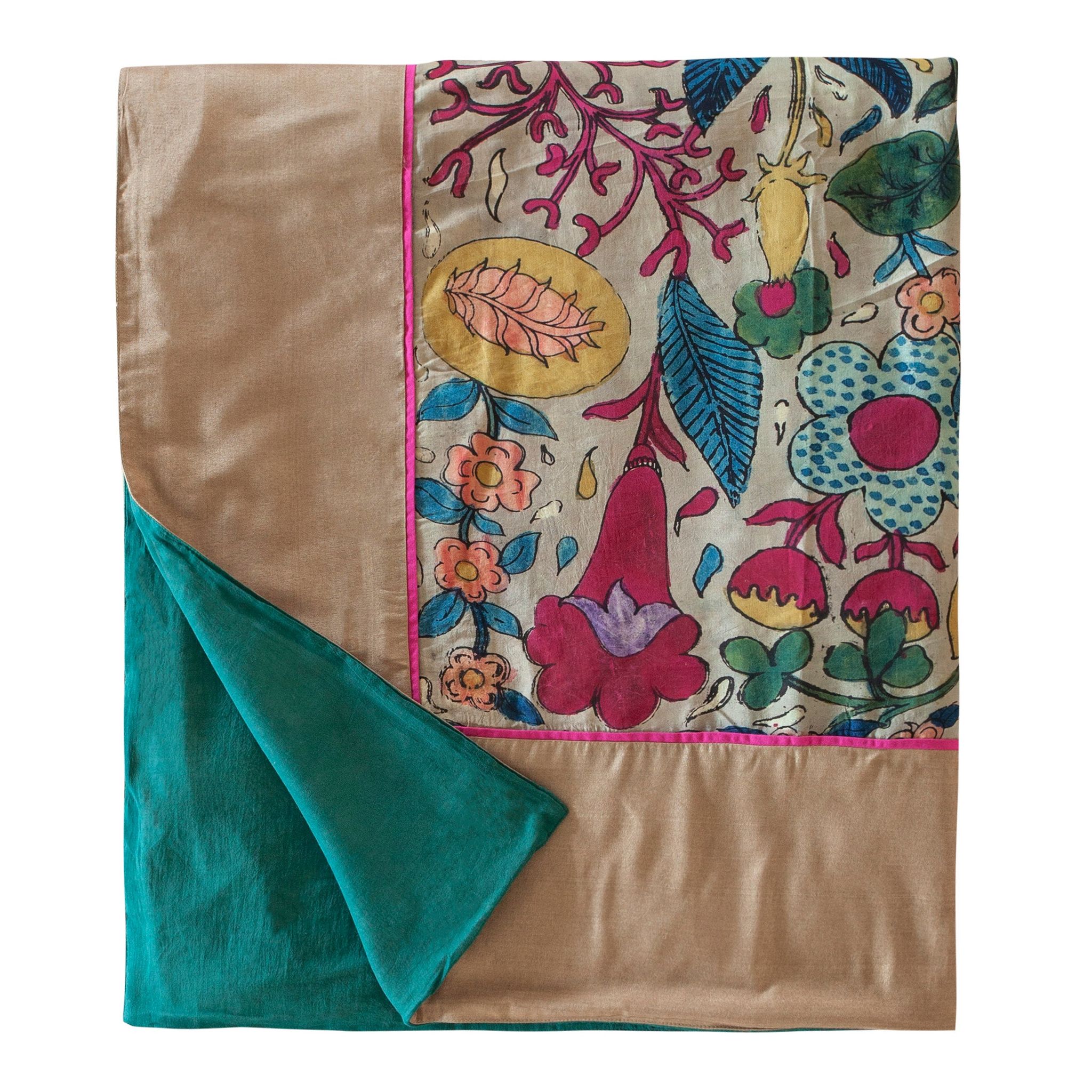 Kalamkari Dohar / Throw 60x90-60 Inches x 90 Inches / Pink Green Yellow Grey / Cotton Layer