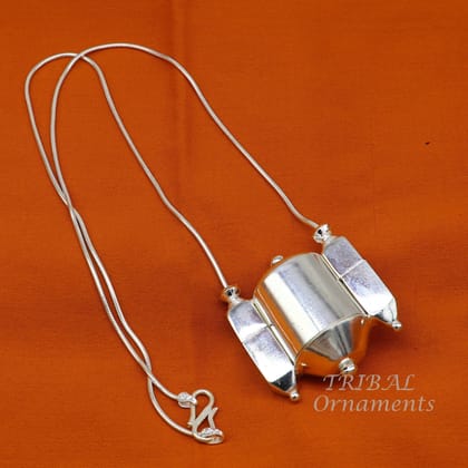 Sterling silver handmade solid silver chain and Shiva lingam box, box pendant necklace set, container pendant tribal jewelry india set490-18 inches