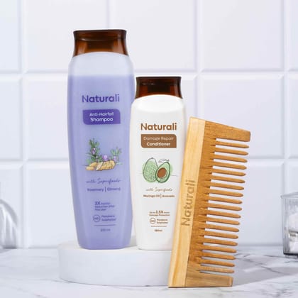 Naturali Anti-Hairfall Shampoo + Damage Repair Conditioner + Wooden Neem Comb-370ml+180ml+1piece