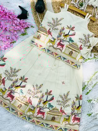 Exquisite Embroidery Work on Khadi Cotton Fabric Kids Lahenga Choli-Beige / 0-6 Month