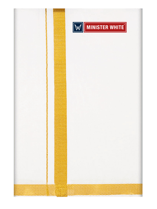 Mens Cotton White Double Layered Dhoti with 3/4" Gold Jari Border - Omkar-4Mtr