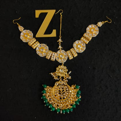ZEVAR I Kundan-Studded & Green Pearl Beaded Matha Patti