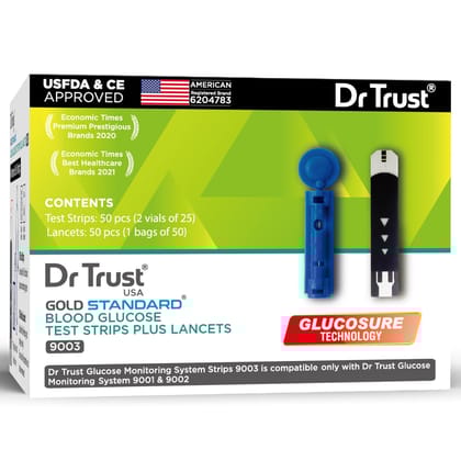 Dr Trust USA Gold Standard Glucometer Strips (50) 9003 (Compatible with Dr Trust Glucometer 9001) (Expiry May 2025)-1 Box