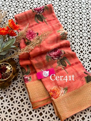 Pothys' women's pink linen cotton saree with a blouse piece, a perfect blend of elegance.-Pink / Work / Zari Work