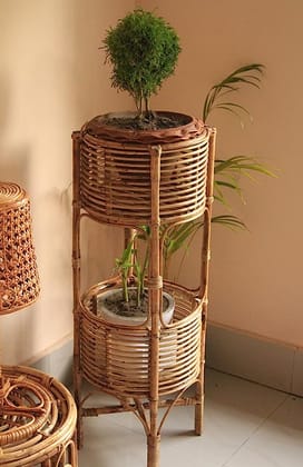 Dastkar Crafts Nature Handmade Natural Cane Flower Pot Plant Stand, Varnish Brown Color, 1 Piece