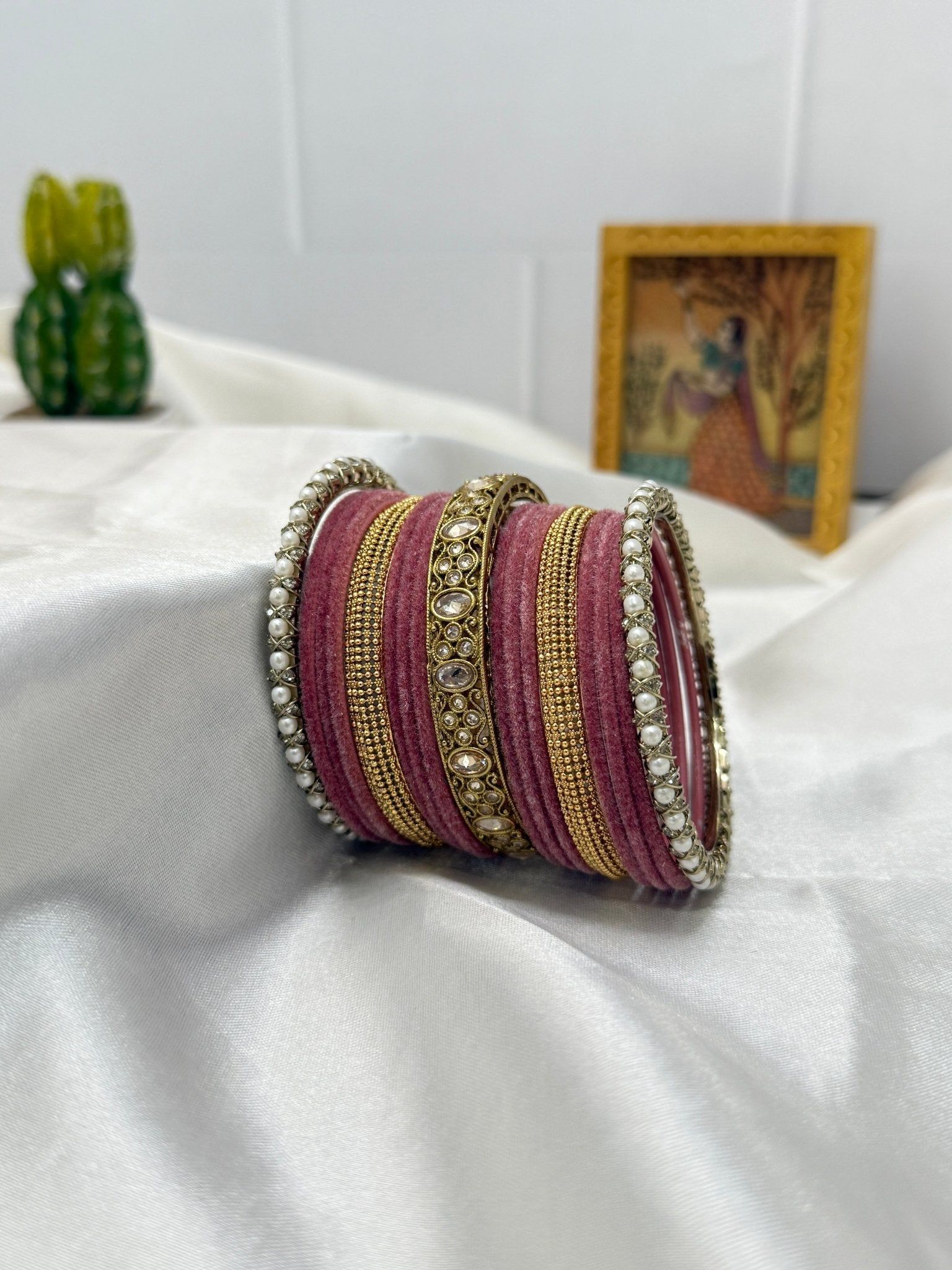Velvet & Polki Gold Bridal Premium Bangle Set 5070 - 2 colours-Onion Pink / 2.2 / Both Hands