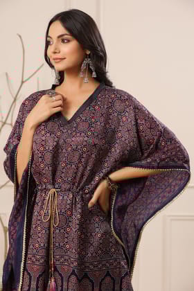 Aafrah Ruksiyat Ajrakh Modal Silk Kaftan-Free Size / Navy Blue / Navy