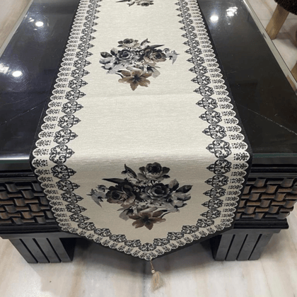 Floral Printed Velvet Table Runner with tassel-Grey