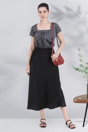 Satin Midi Skirt, Black-XS
