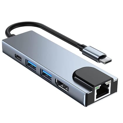Hi-Lite Essentials 5 in 1 Type C Adapter, USB C to HDMI, Ethernet (RJ45), USB 3.0 Multiport Adapter, Type C 4k HDMI Port, Type C LAN Port, 5 in 1 Type C Network Adapter