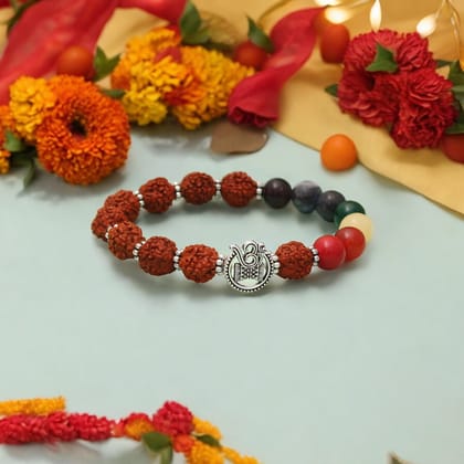 7 chakra & rudraksha Beaded Bracelet/Rakhi With Om Charm-6 inch
