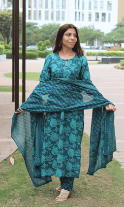 Cotton Teal Floral Print Suit with Cotton Printed Dupatta-XXS