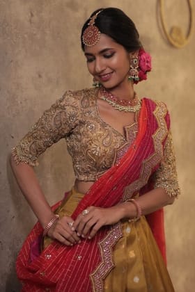 Golden Zari Copper Pure Heavy Rich Lehanga with Duppta