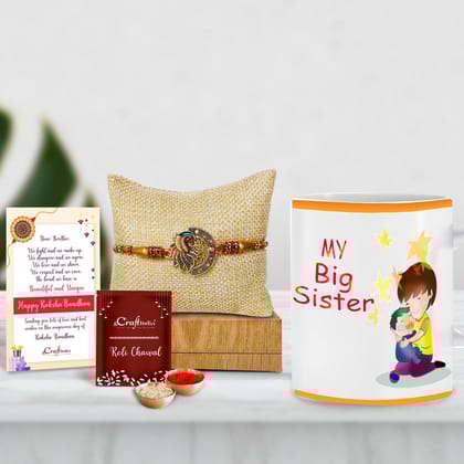 Designer Peacock Rakhi with Mug for Brother and Roli Chawal Pack, Best Wishes Greeting Card