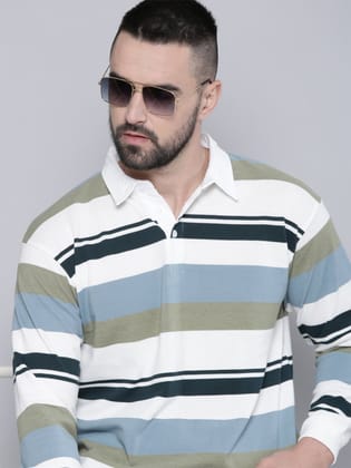 Auto Stripes Beige, Navy and Blue Polo T-Shirt-XL / Beige Navy Blue