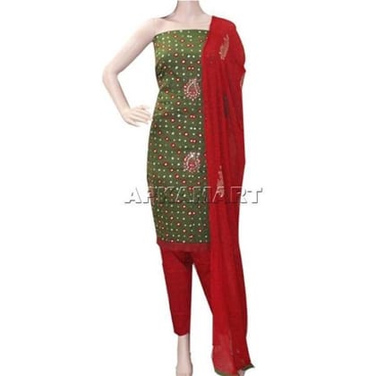 Dark Green and Red Tie and Dye Dress Material