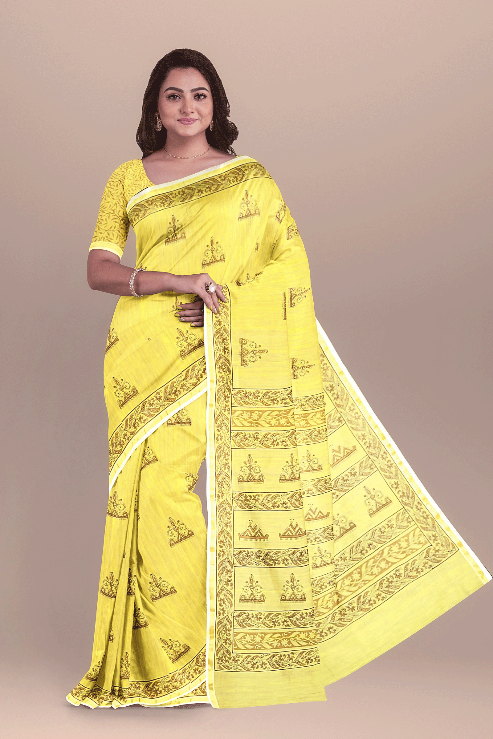 Lemon Yellow Tribal Motif Handwoven Hand Block Print Sausar Silk Saree SKU-AS10078