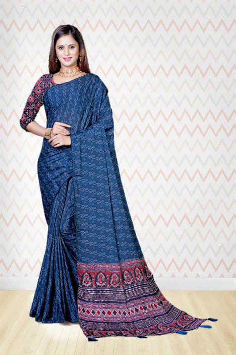 Peacock Blue Bagh Print Cotton Silk Saree