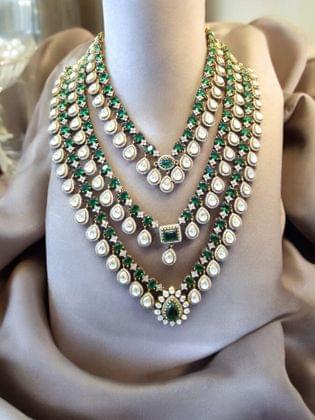 Multi-Strand Emerald and Diamond Necklace Set - The Royal Bride By Dia Art Jewels