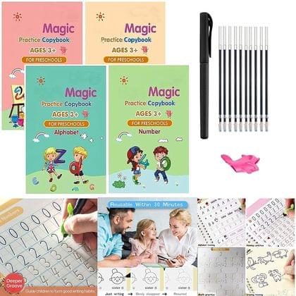 Magic book , Homeschool Supplies, Preschool workbook, Numbers & English & Drawing & Mathematics Auto Fade Pen & 4 Books - 10 Riffile 1 Grip 1 pen