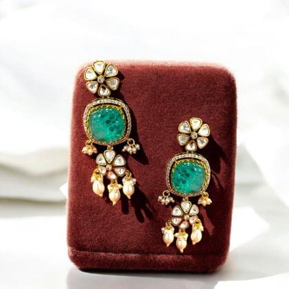 Emerald and Pearl Drop Earrings By Dia Art Jewels