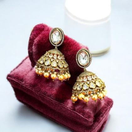 Kundan and Pearl Jhumka Earrings By Dia Art Jewels