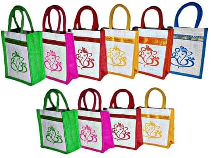 SS Eco-Life Eco-Friendly Jute Bag for Return Gift / Thamboolam Bag with Divine God Ganesh Print for Engagement, Wedding, Baby Shower, Housewarming and Pooja's like Navaratri & Varalakshmi Vratham. Multicolour.