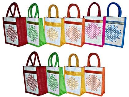 SS Eco-Life Eco-Friendly Jute Bag for Return Gift / Thamboolam Bag with Kolam / Muggu / Rangoli Print for Engagement, Wedding, Baby Shower, Housewarming and Pooja's like Navaratri & Varalakshmi Vratham. Multicolour.