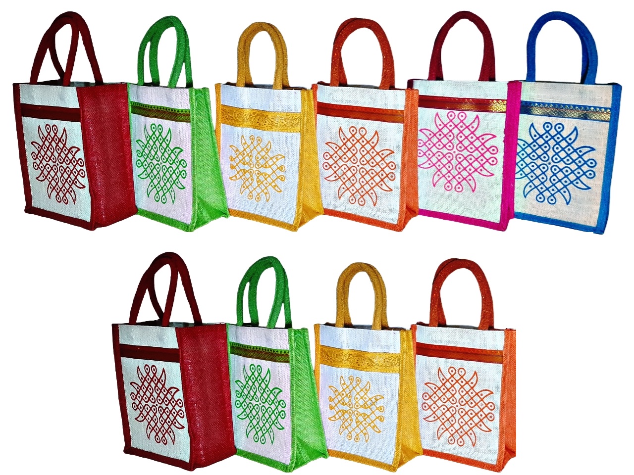 SS Eco-Life Eco-Friendly Jute Bag for Return Gift / Thamboolam Bag with Kolam / Muggu / Rangoli Print for Engagement, Wedding, Baby Shower, Housewarming and Pooja's like Navaratri & Varalakshmi Vratham. Multicolour.